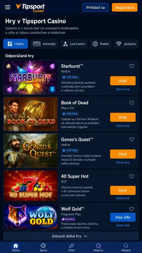 Hry v Tipsport Casino