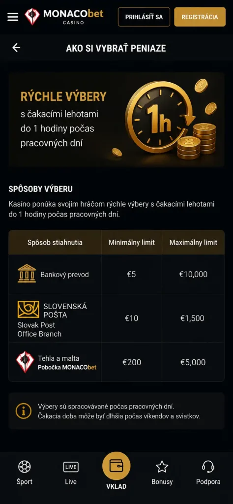 Ako si vybrať peniaze z Monacobet