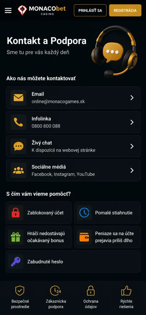 Kontakt a Podpora na Monaco Bet