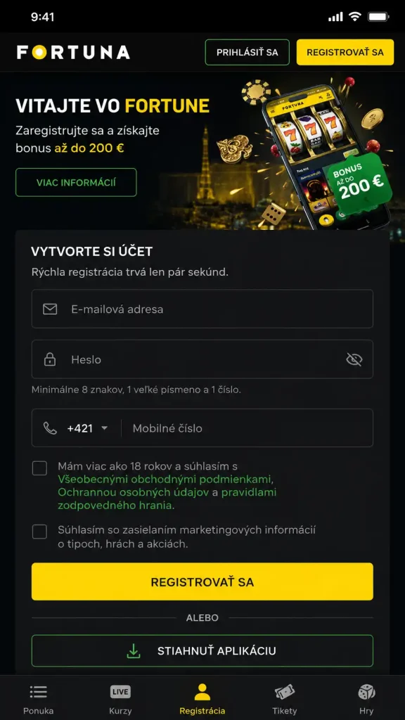 Registrácia vo Fortune cez mobil