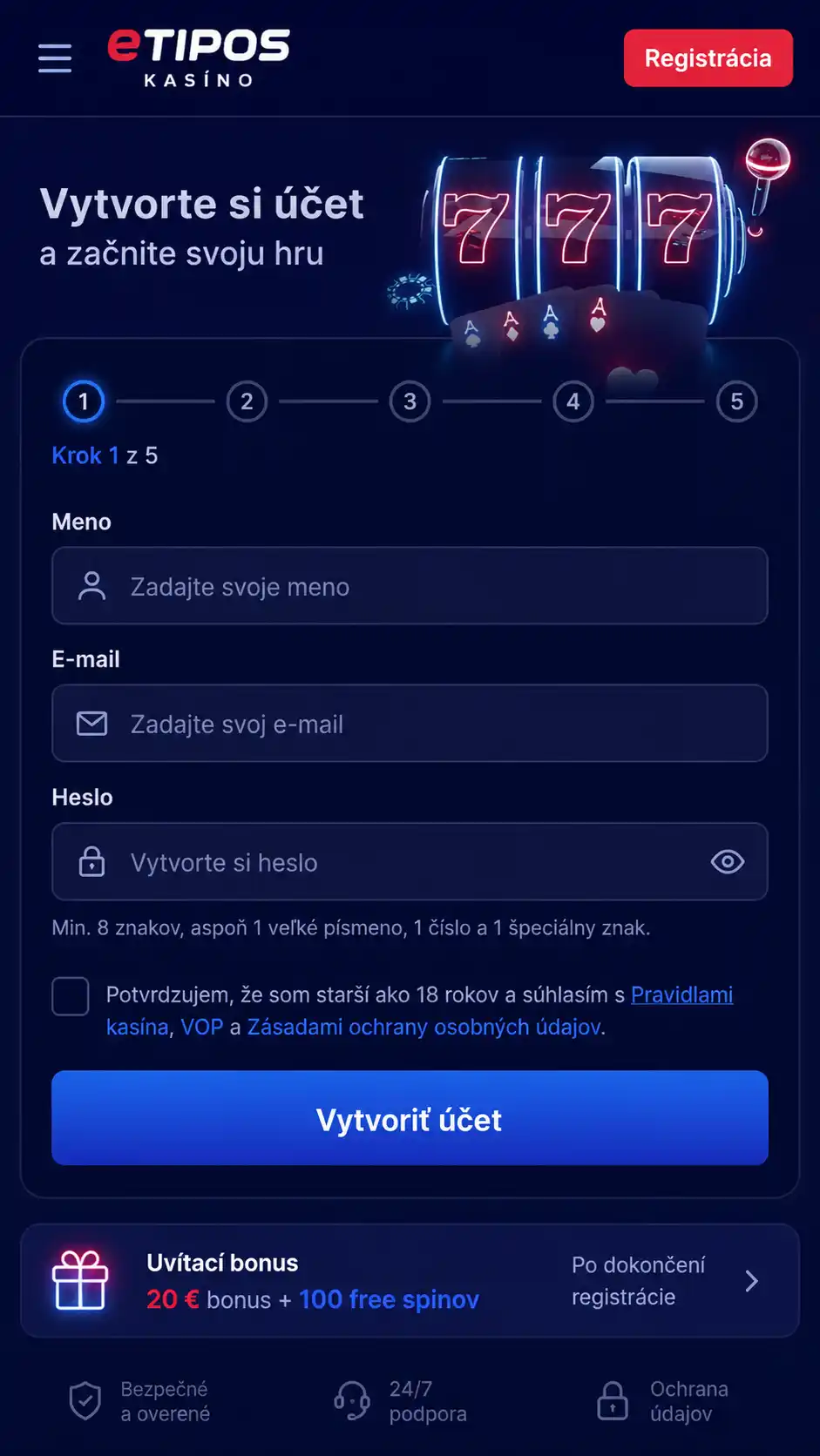Začnite s registracia eTipos