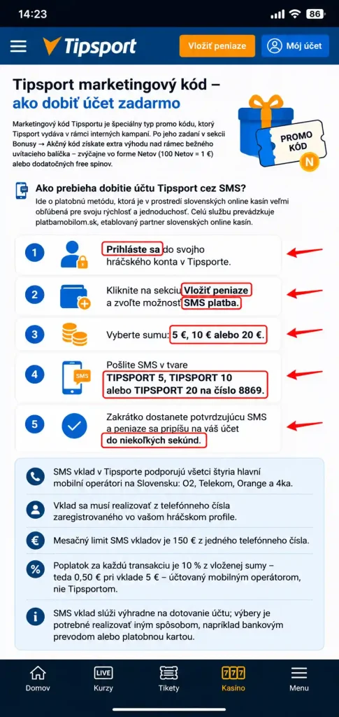 Mobilný návod na použitie marketingového kódu a SMS vkladu v Tipsporte