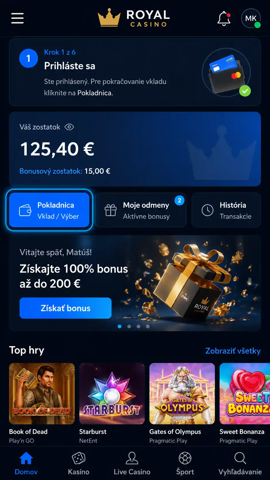 Prihláste sa do svojho účtu v online kasíne a prejdite do sekcie Pokladnica alebo Platby.