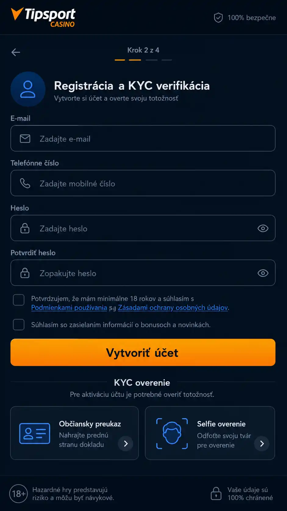 Registrácia a KYC verifikácia