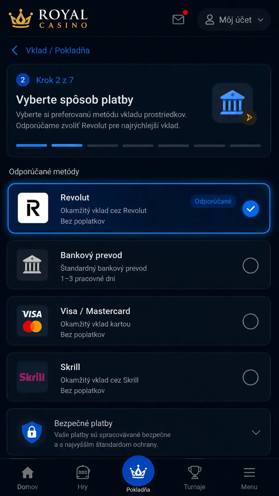 Zo zoznamu platobných metód vyberte „Revolut" alebo „Bankový prevod/Karta Visa/Mastercard" podľa toho, ako kasíno Revolut eviduje.