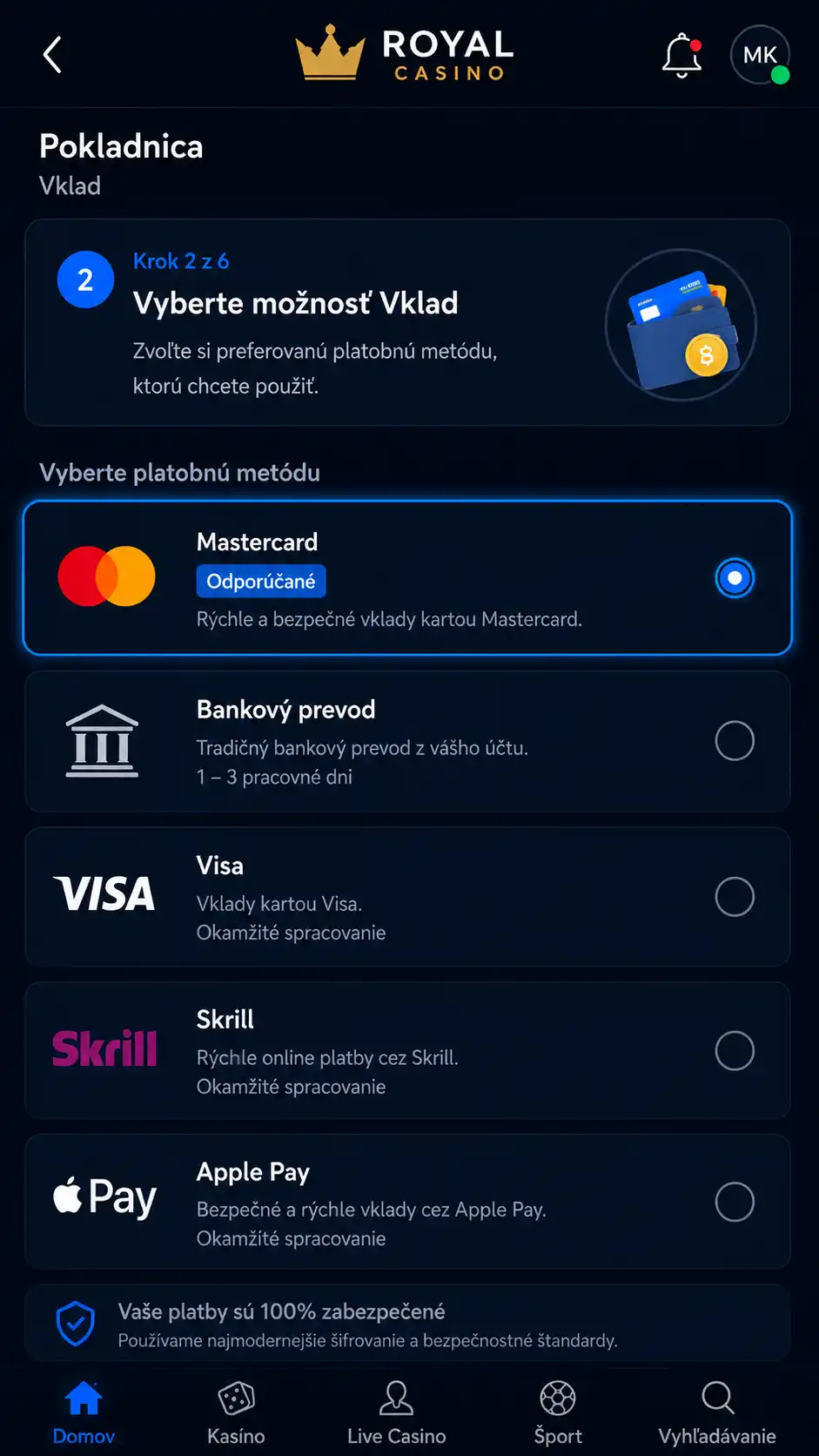 Vyberte možnosť Vklad a zo zoznamu dostupných metód zvoľte Mastercard.