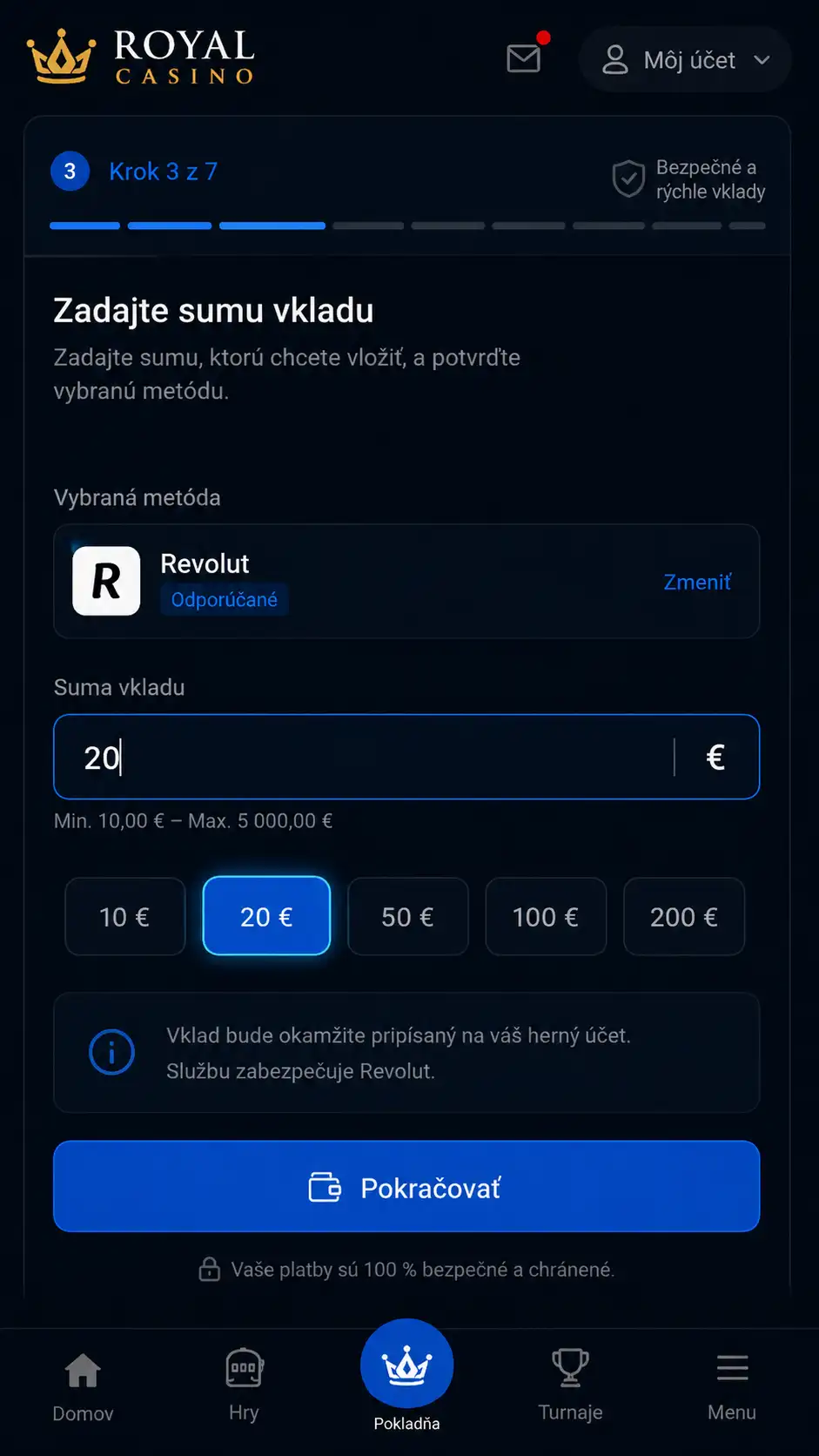 Zadajte sumu vkladu (minimálna suma je spravidla 10€) a potvrďte výber metódy.