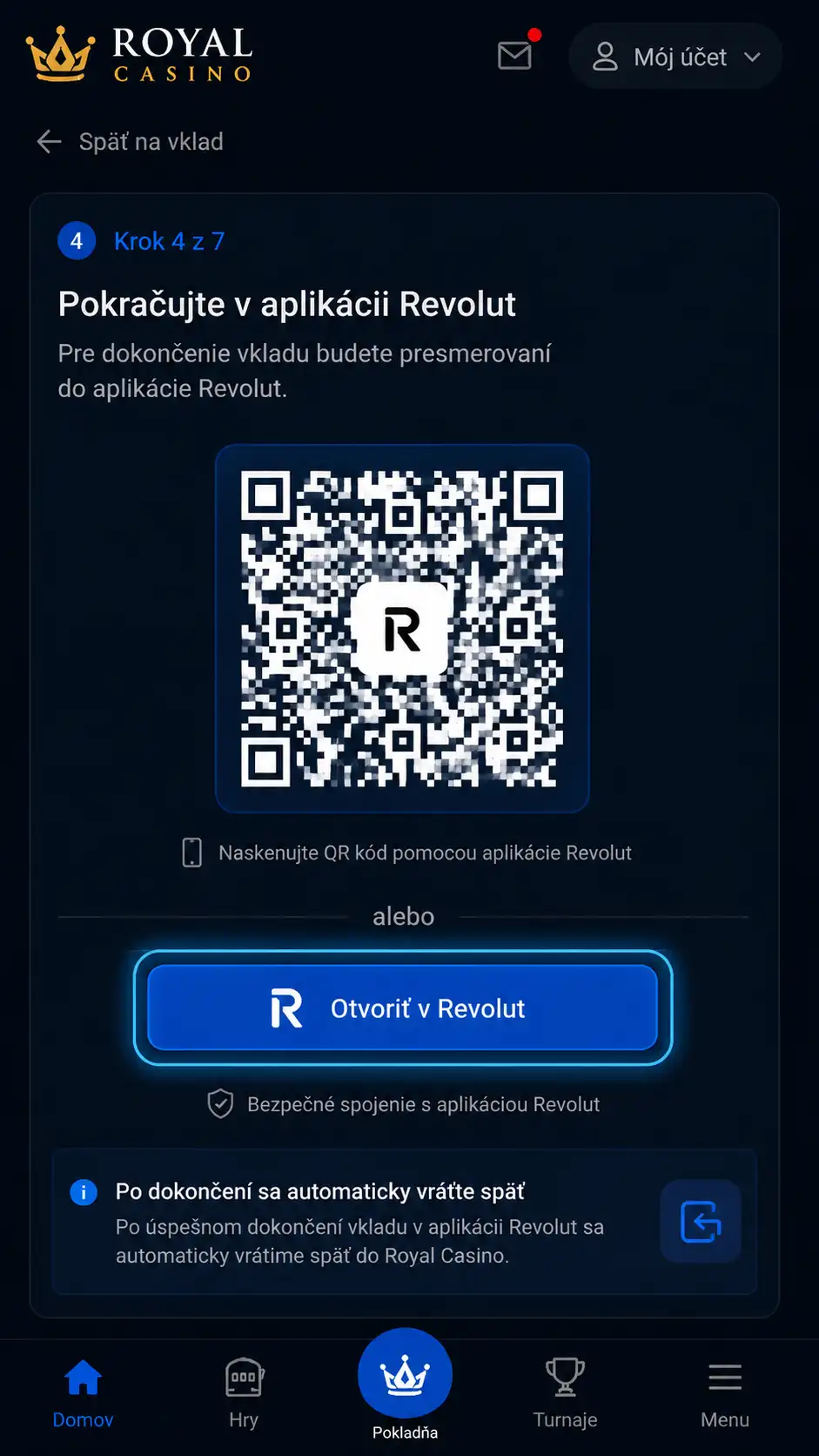 Kasíno Vás presmeruje do aplikácie Revolut alebo zobrazí QR kód na potvrdenie platby.