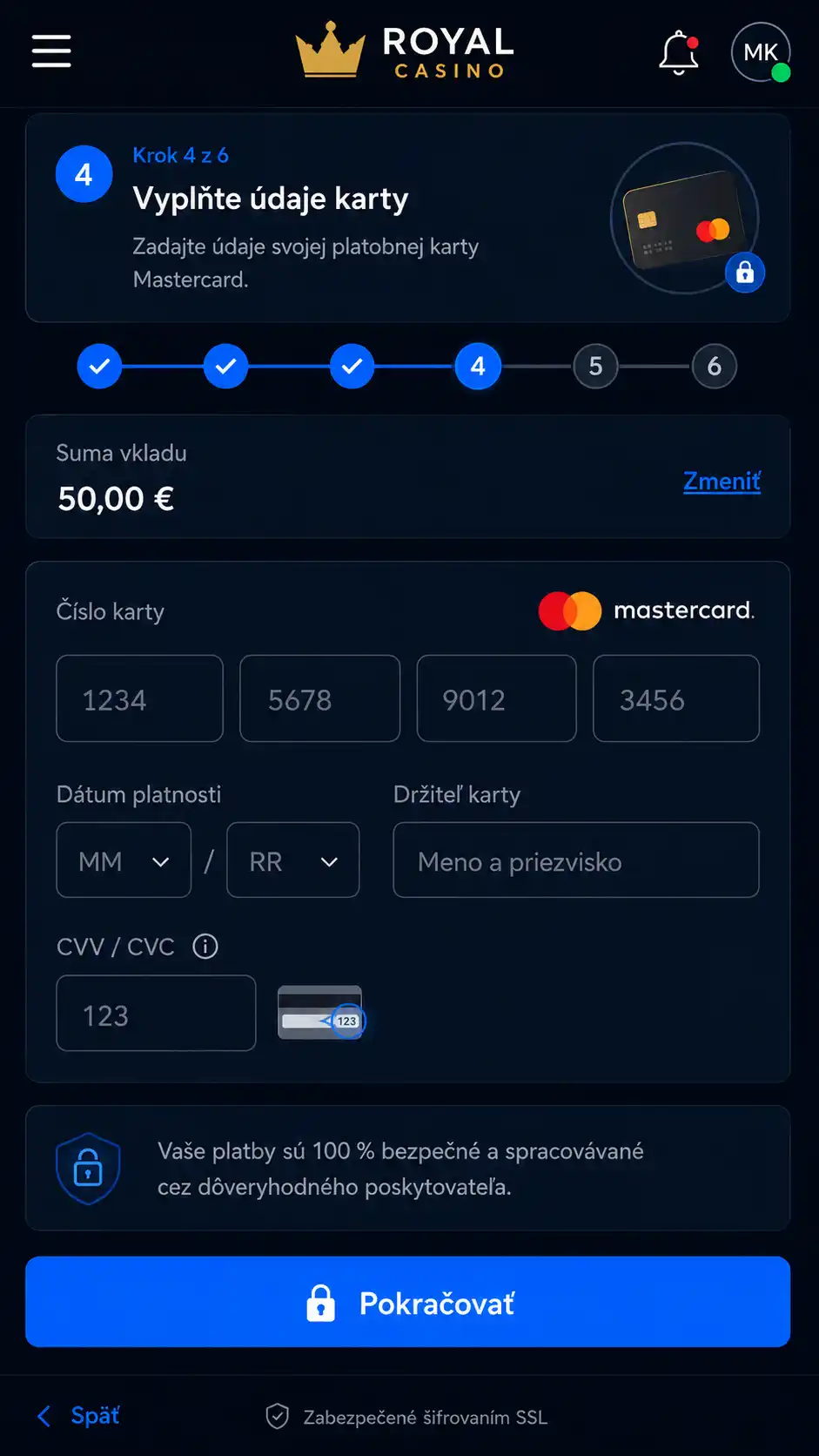 Potvrďte transakciu cez 3D Secure – kasíno Vás presmeruje na overovací formulár Vašej banky; zadajte jednorazový kód zaslaný SMSkou alebo schváľte platbu v bankovej aplikácii.
