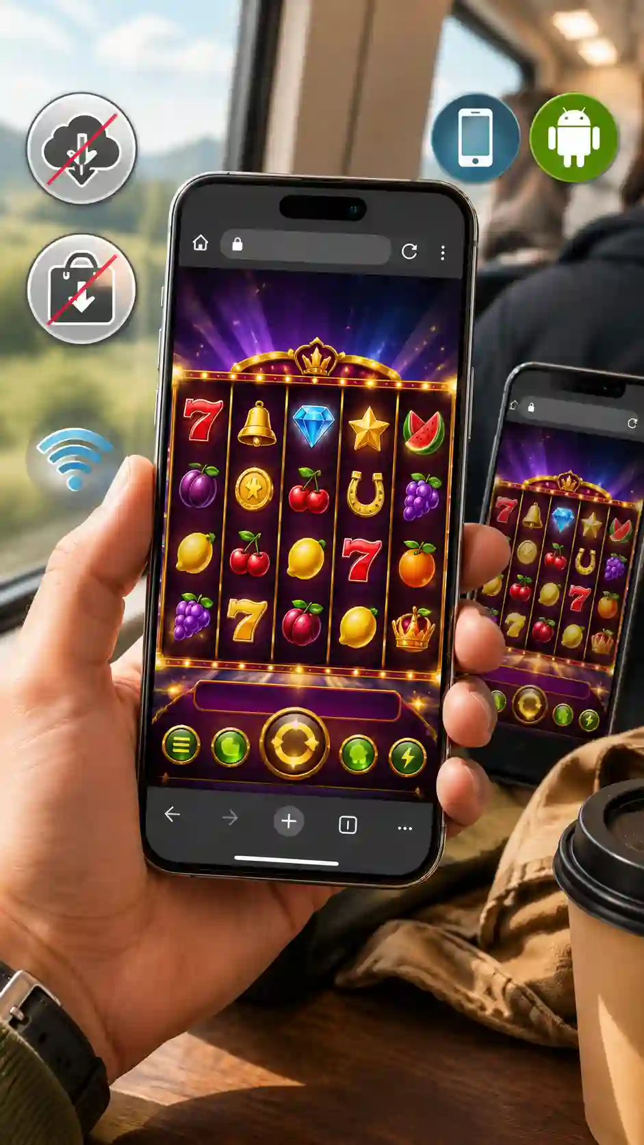 Mobilné hranie 5-valcových automatov zadarmo v prehliadači na smartfóne bez sťahovania aplikácie.